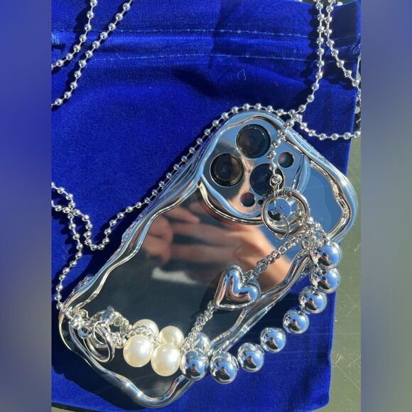 Silver Mirror iPhone 16 Pro Case with Chain and Beads - Picture 8 of 9